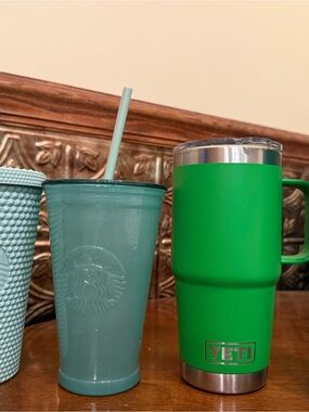 Set of four tumblers -Bright Green Travel Mug with Aqua Reusable Straw Cup